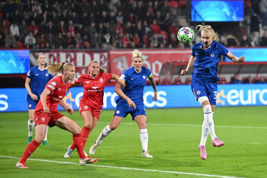 Aggie Beever-Jones of Chelsea heads the ball during the UEFA Women's Champions League