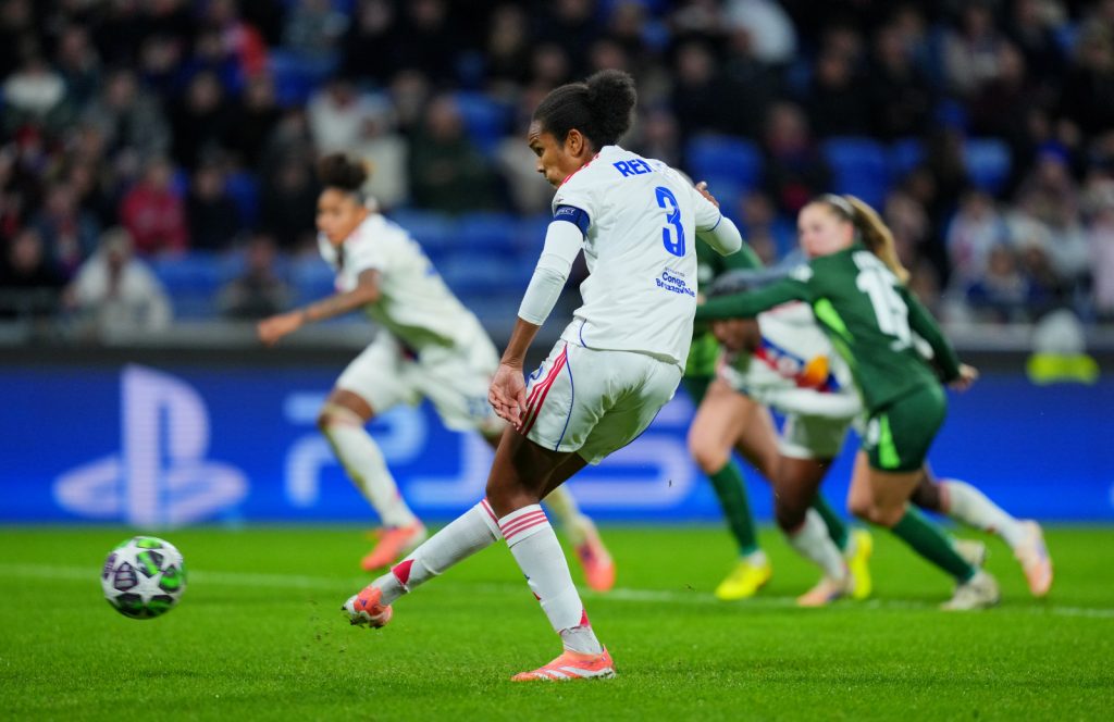 Wendie Renard of OL Lyonnes scores her team's third goal from the penalty spot during the UEFA Women's Champions League 2025/26