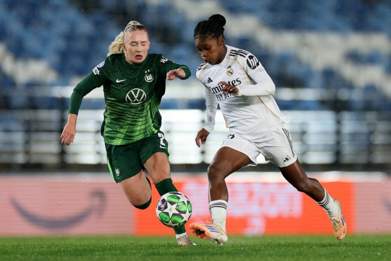 Linda Caicedo with Thea Bjelde Real Madrid CF v VfL Wolfsburg - UEFA Women's Champions League 2025/26 League Phase MD5