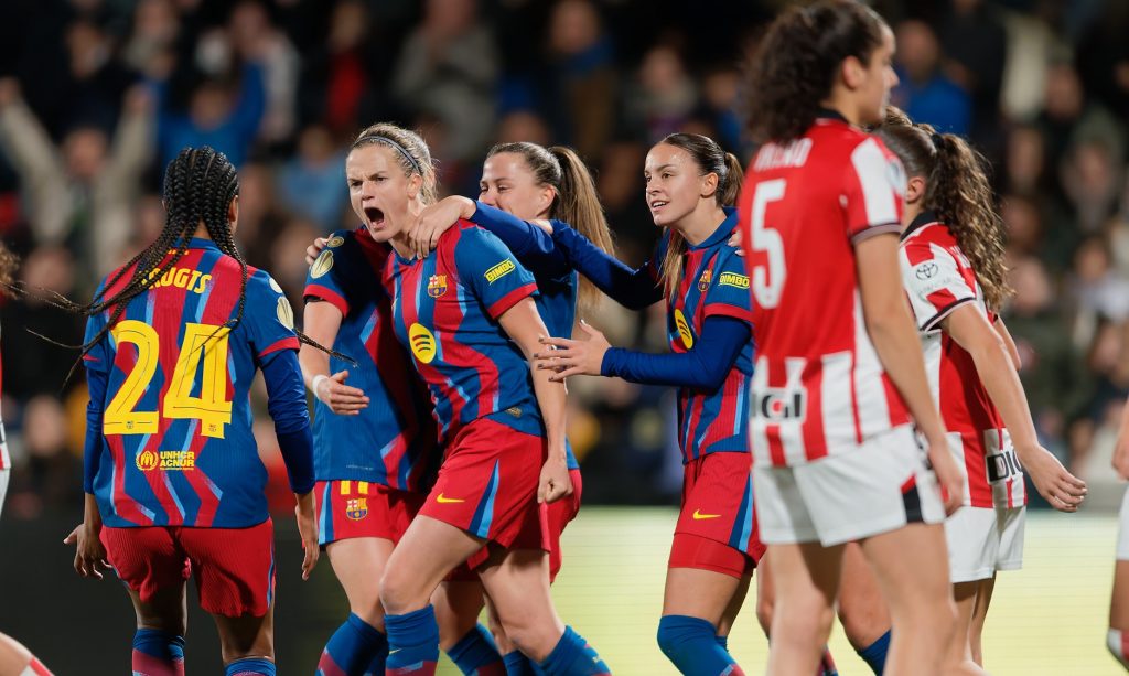 Las jugadoras del Barcelona celebran el gol de Irene Paredes en la Supercopa 2026. Arnau Martínez (@arnaumb16)