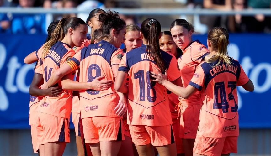 Las jugadoras del Barcelona celebran un gol en la Liga F en 2026. LigaF