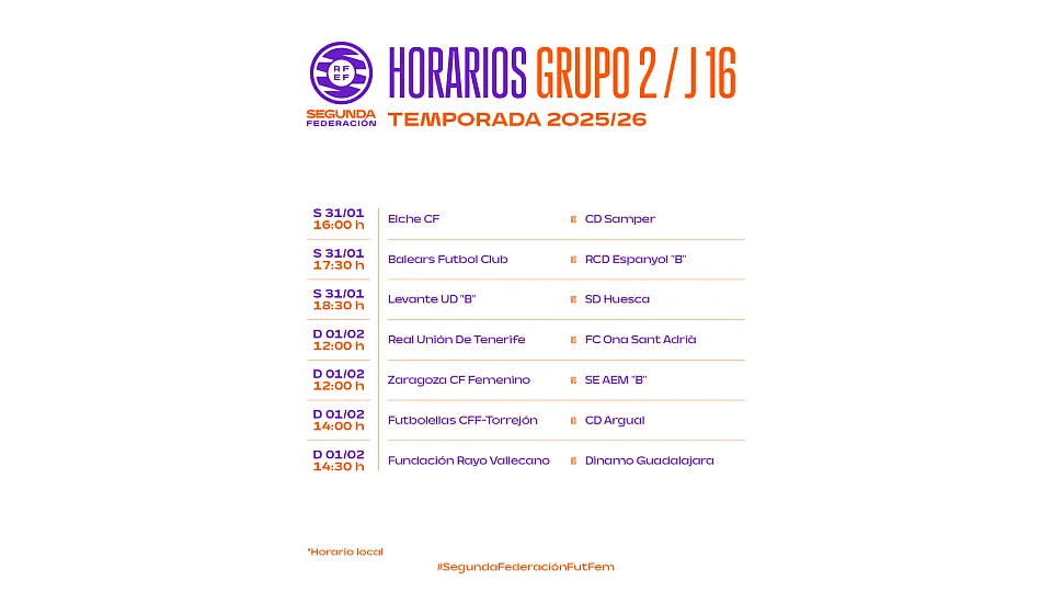 Horarios de la jornada 16 grupo 2