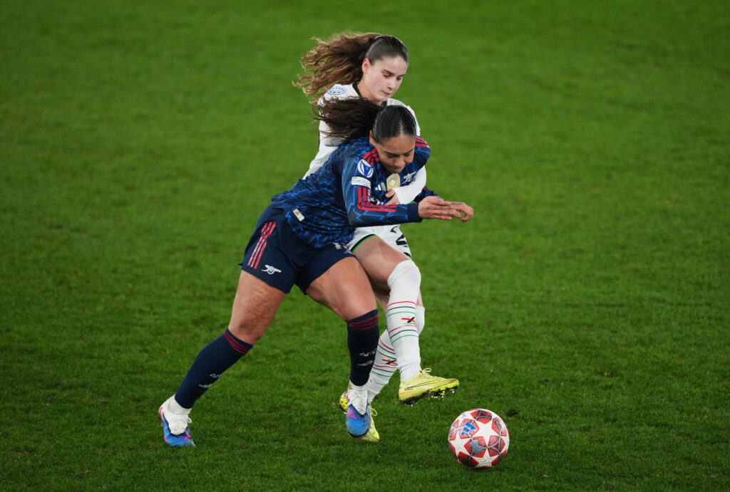 LEUVEN, BELGIUM - FEBRUARY 11: Olivia Smith of Arsenal is fouled by Nel Neyrinck of OH Leuven during the UEFA Women's Champions League 2025/26 KO play-offs First Leg match between OH Leuven and Arsenal Women FC at Den Dreef on February 11, 2026 in Leuven, Belgium. (Photo by Alex Bierens de Haan - UEFA/UEFA via Getty Images)