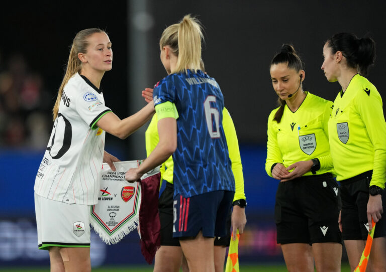 Julie Biesmans OH Leuven v Leah Williamson Arsenal Women FC - UEFA Women's Champions League 2025/26 KO play-offs First Leg