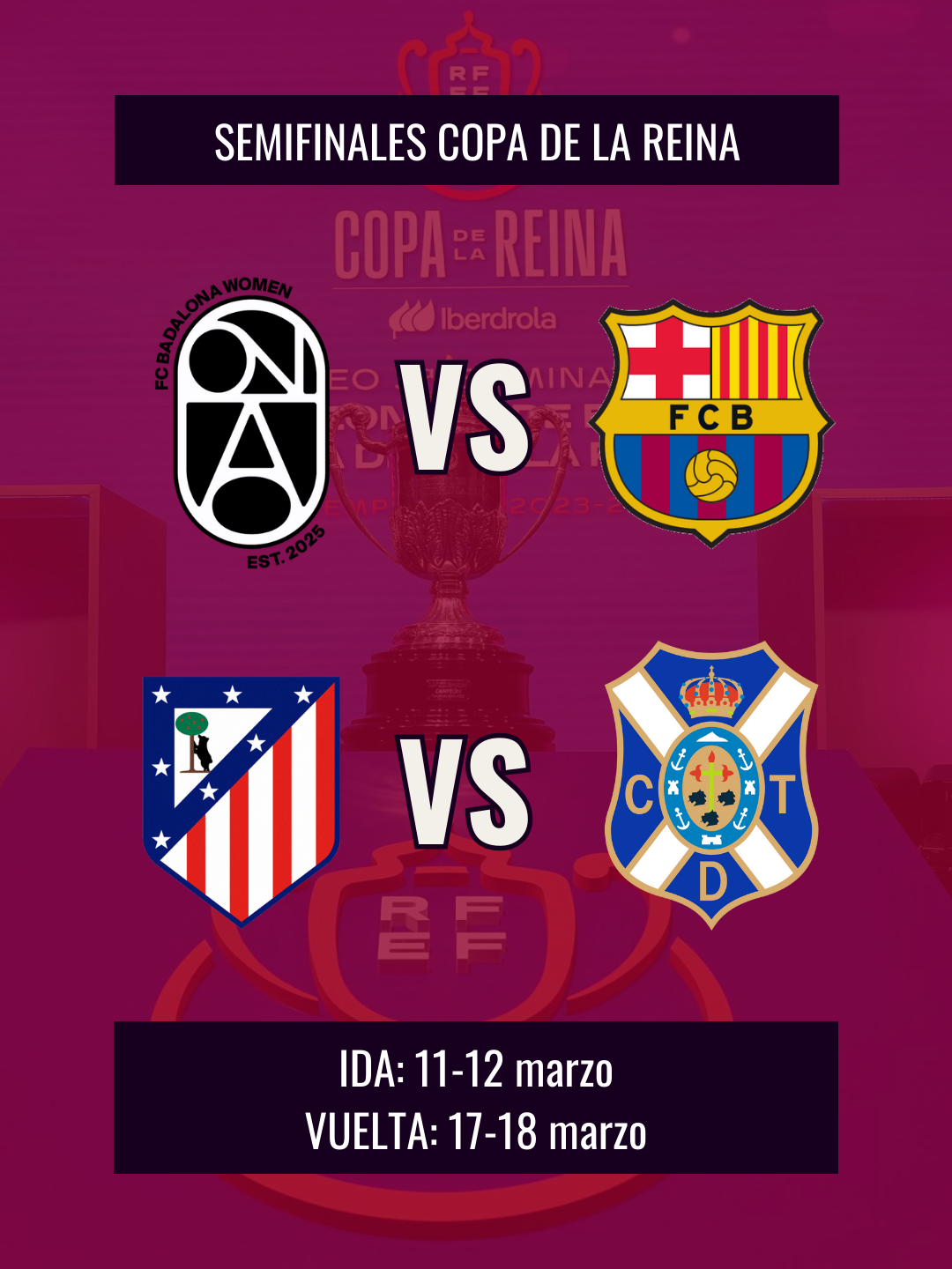 Semifinales de Copa de la ReinaAtletico de Madrid Femenino vs CD Tenerife
FC Badalona vs FC Barcelona