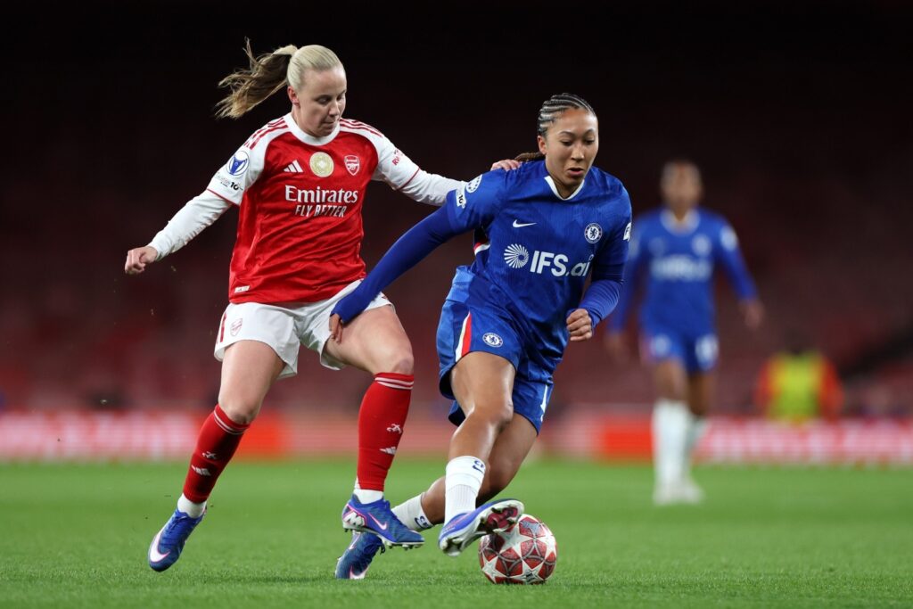 Lauren James is challenged by Beth Mead Arsenal v Chelsea - UEFA Women's Champions League 2025/26 Quarter-finals First Leg