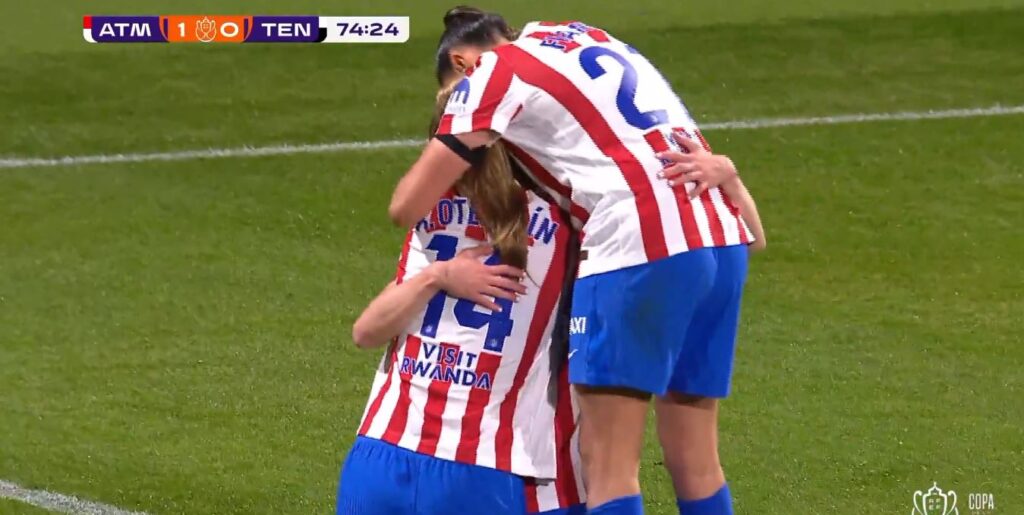 Las jugadoras del Atlético de Madrid celebran el gol de Gio Queiroz en la Copa de la Reina 2026. Foto: Captura/RFEF
