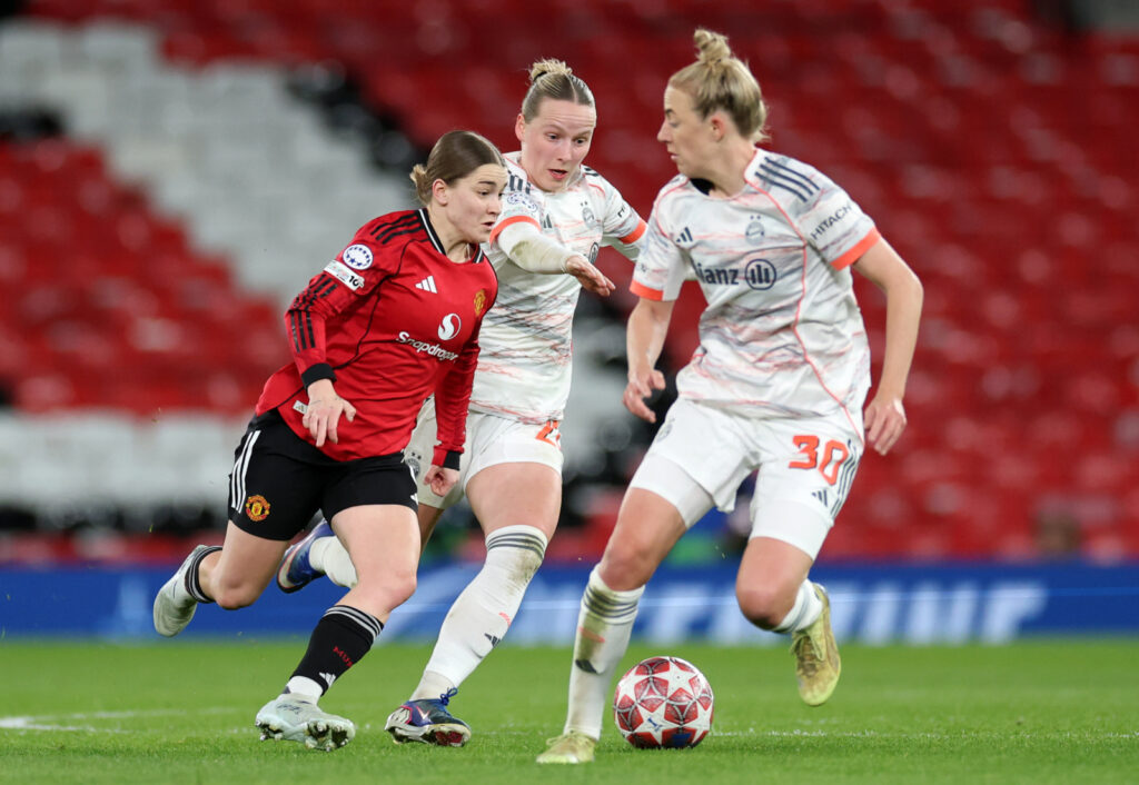 Jess Park Manchester United FC v Franziska Kett FC Bayern München - UEFA Women's Champions League 2025/26 Quarter-finals First Leg