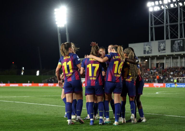 MADRID, SPAIN - MARCH 25: Ewa Pajor of FC Barcelona celebrates scoring her team's fourth goal with teammates during the UEFA Women's Champions League 2025/26 Quarter-finals First Leg match between Real Madrid CF and FC Barcelona at Estadio Alfredo Di Stefano on March 25, 2026 in Madrid, Spain. (Photo by Florencia Tan Jun - UEFA/UEFA via Getty Images)