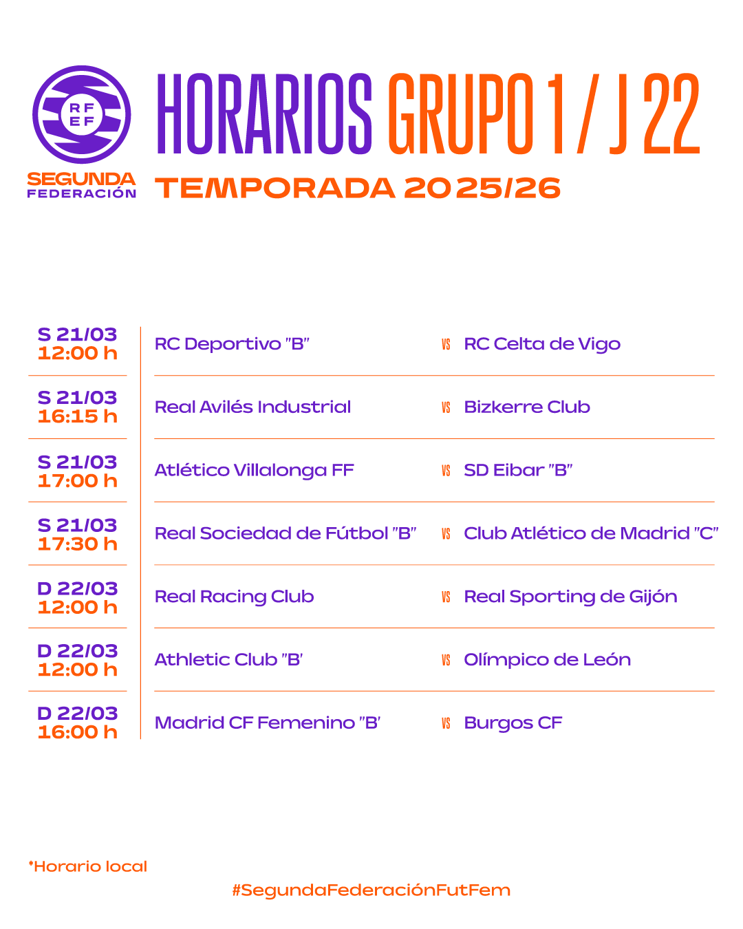 Horarios Grupo 1 – 2ª RFEF Fememina