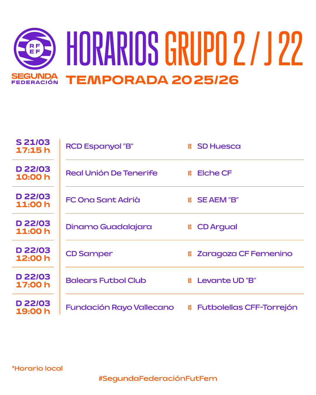 Horarios Grupo 2 – 2ª RFEF Fememina