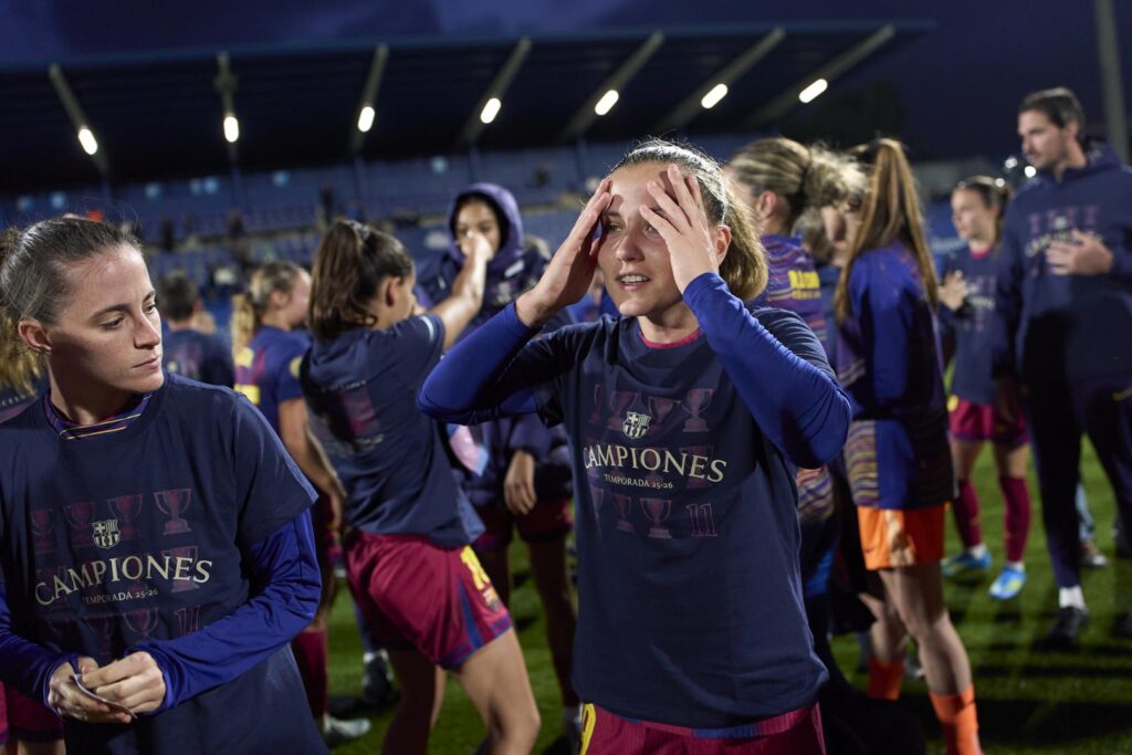 Las jugadoras del Barcelona celebran el título de la Liga F 2025-26. Foto: LigaF