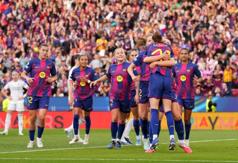 BARCELONA, SPAIN - APRIL 02: Caroline Graham Hansen of FC Barcelona celebrates scoring her team's second goal with teammate Alexia Putellas during the UEFA Women's Champions League 2025/26 Quarter-finals Second Leg match between FC Barcelona and Real Madrid CF at Nou Camp on April 02, 2026 in Barcelona, Spain. (Photo by Alex Caparros - UEFA/UEFA via Getty Images)