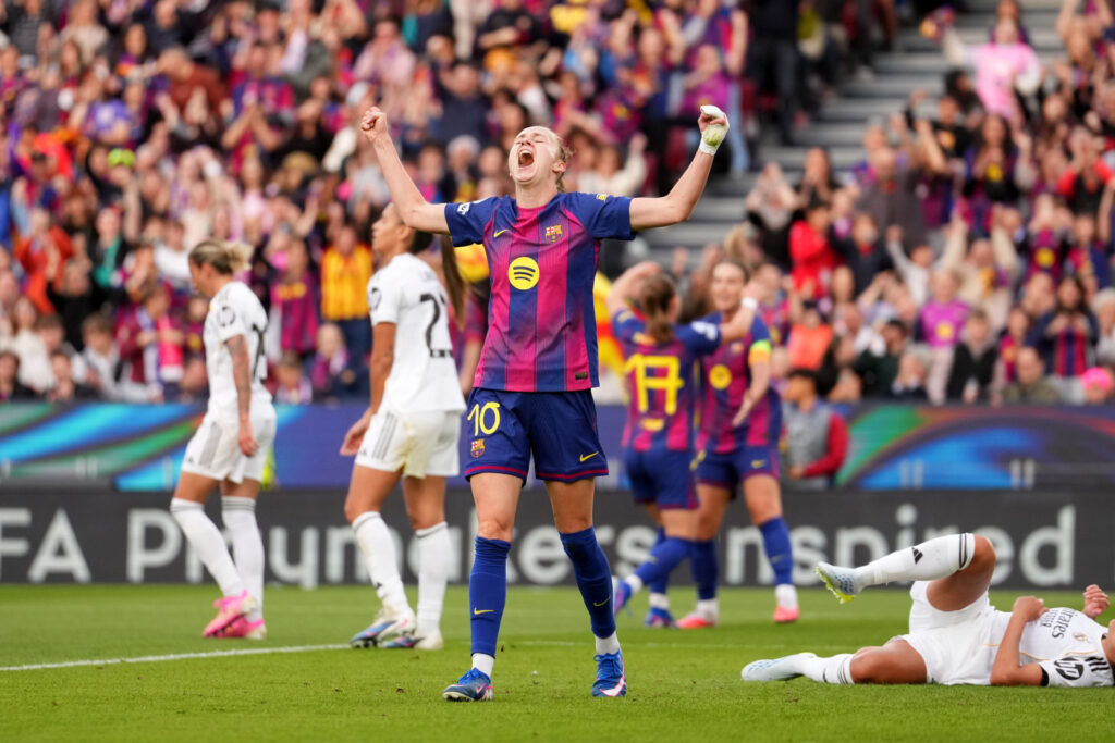 BARCELONA, SPAIN - APRIL 02: Caroline Graham Hansen of FC Barcelona celebrates scoring her team's second goal during the UEFA Women's Champions League 2025/26 Quarter-finals Second Leg match between FC Barcelona and Real Madrid CF at Nou Camp on April 02, 2026 in Barcelona, Spain. (Photo by Alex Caparros - UEFA/UEFA via Getty Images)