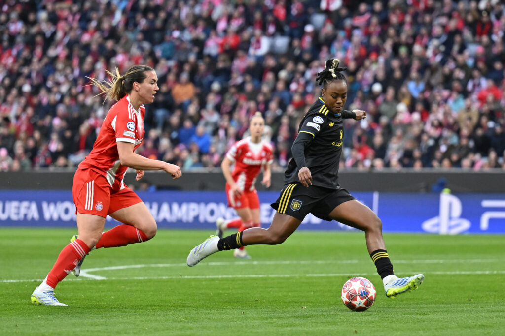 MUNICH, GERMANY - APRIL 01: Melvine Malard of Manchester United scores her team's first goal during the UEFA Women's Champions League 2025/26 Quarter-finals Second Leg match between Manchester United FC and FC Bayern München at Munich Football Arena on April 01, 2026 in Munich, Germany. (Photo by Sebastian Widmann - UEFA/UEFA via Getty Images)