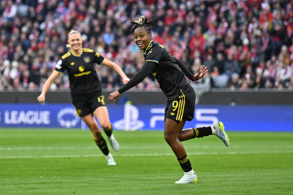 MUNICH, GERMANY - APRIL 01: Melvine Malard of Manchester United celebrates scoring her team's first goal during the UEFA Women's Champions League 2025/26 Quarter-finals Second Leg match between Manchester United FC and FC Bayern München at Munich Football Arena on April 01, 2026 in Munich, Germany. (Photo by Sebastian Widmann - UEFA/UEFA via Getty Images)