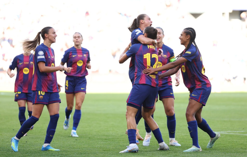 OSLO, NORWAY - MAY 23: Ewa Pajor of FC Barcelona celebrates scoring her team's first goal with teammates during the UEFA Women's Champions League Final 2026 match between FC Barcelona and OL Lyonnes at Ullevaal Stadion on May 23, 2026 in Oslo, Norway. (Photo by Judit Cartiel - UEFA/UEFA via Getty Images)