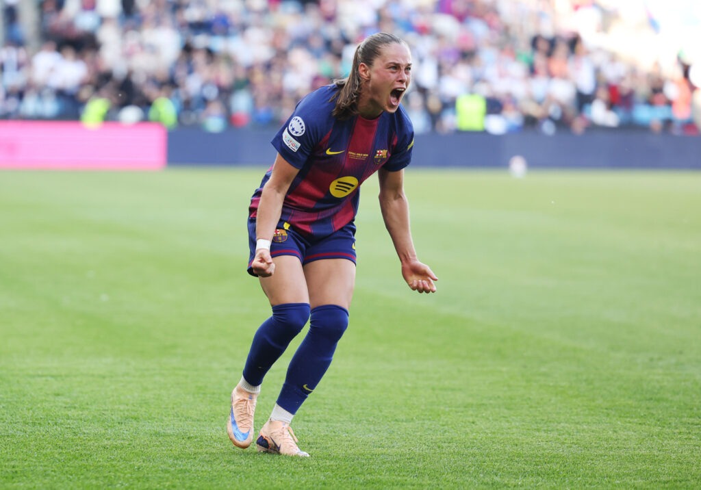OSLO, NORWAY - MAY 23: Ewa Pajor of FC Barcelona celebrates scoring her team's first goal during the UEFA Women's Champions League Final 2026 match between FC Barcelona and OL Lyonnes at Ullevaal Stadion on May 23, 2026 in Oslo, Norway. (Photo by Judit Cartiel - UEFA/UEFA via Getty Images)
