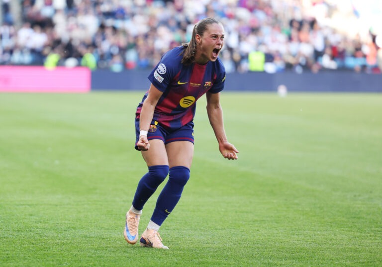 OSLO, NORWAY - MAY 23: Ewa Pajor of FC Barcelona celebrates scoring her team's first goal during the UEFA Women's Champions League Final 2026 match between FC Barcelona and OL Lyonnes at Ullevaal Stadion on May 23, 2026 in Oslo, Norway. (Photo by Judit Cartiel - UEFA/UEFA via Getty Images)