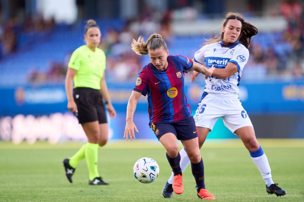 La jugadora del Barcelona Claudia Pina celebra un gol en la temporada 2026-27. Foto: LigaF