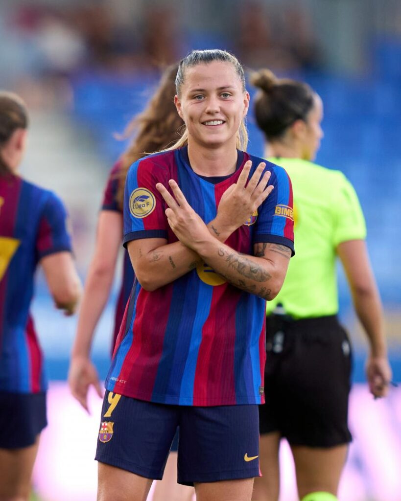 La jugadora del Barcelona Claudia Pina celebra un gol en la temporada 2026-27. Foto: LigaF