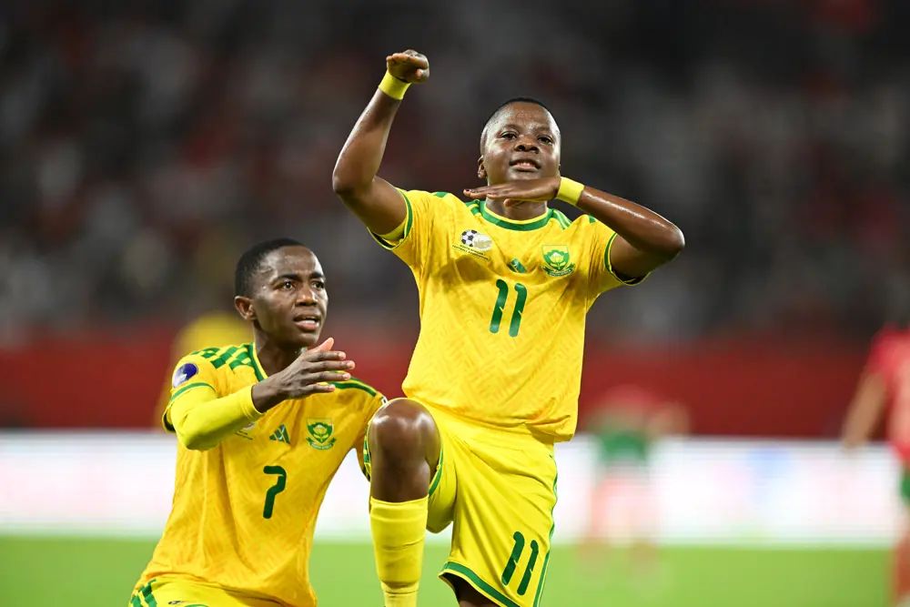 Thembi Kgatlana de Sudáfrica celebra un gol en la WAFCON 2026
