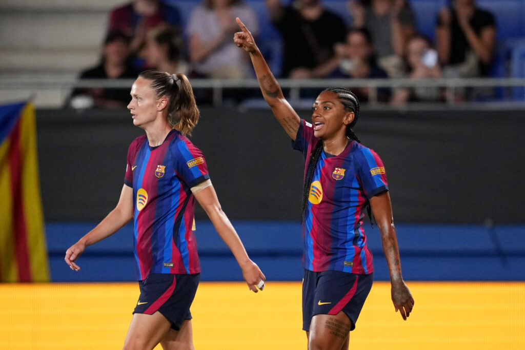 BARCELONA, SPAIN - SEPTEMBER 23: Kerolin of FC Barcelona celebrates scoring her teams first goal with teammate Caroline Graham Hansen during the UEFA Women's Champions League 2026/27 League Phase MD1 match between FC Barcelona and Paris FC at Estadi Johan Cruyff on September 23, 2026 in Barcelona, Spain. (Photo by Alex Caparros - UEFA/UEFA via Getty Images)