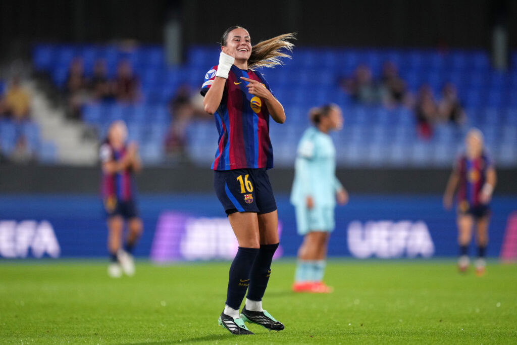 BARCELONA, SPAIN - SEPTEMBER 23: Clara Serrajordi of FC Barcelona celebrates scoring her teams second goal during the UEFA Women's Champions League 2026/27 League Phase MD1 match between FC Barcelona and Paris FC at Estadi Johan Cruyff on September 23, 2026 in Barcelona, Spain. (Photo by Alex Caparros - UEFA/UEFA via Getty Images)