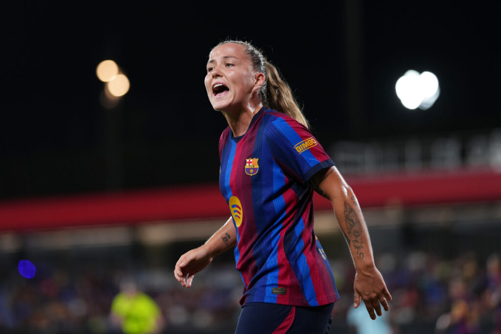 BARCELONA, SPAIN - SEPTEMBER 23: Claudia Pina of FC Barcelona reacts during the UEFA Women's Champions League 2026/27 League Phase MD1 match between FC Barcelona and Paris FC at Estadi Johan Cruyff on September 23, 2026 in Barcelona, Spain. (Photo by Alex Caparros - UEFA/UEFA via Getty Images)