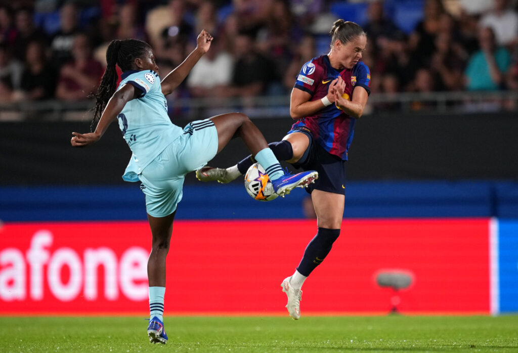 BARCELONA, SPAIN - SEPTEMBER 23: Ewa Pajor of FC Barcelona is challenged by Hillary Diaz of Paris FC during the UEFA Women's Champions League 2026/27 League Phase MD1 match between FC Barcelona and Paris FC at Estadi Johan Cruyff on September 23, 2026 in Barcelona, Spain. (Photo by Alex Caparros - UEFA/UEFA via Getty Images)