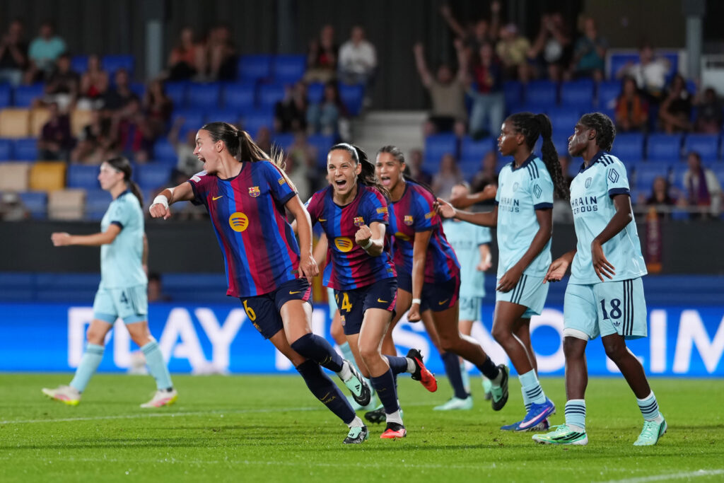 BARCELONA, SPAIN - SEPTEMBER 23: Clara Serrajordi of FC Barcelona celebrates scoring her teams second goal during the UEFA Women's Champions League 2026/27 League Phase MD1 match between FC Barcelona and Paris FC at Estadi Johan Cruyff on September 23, 2026 in Barcelona, Spain. (Photo by Alex Caparros - UEFA/UEFA via Getty Images)