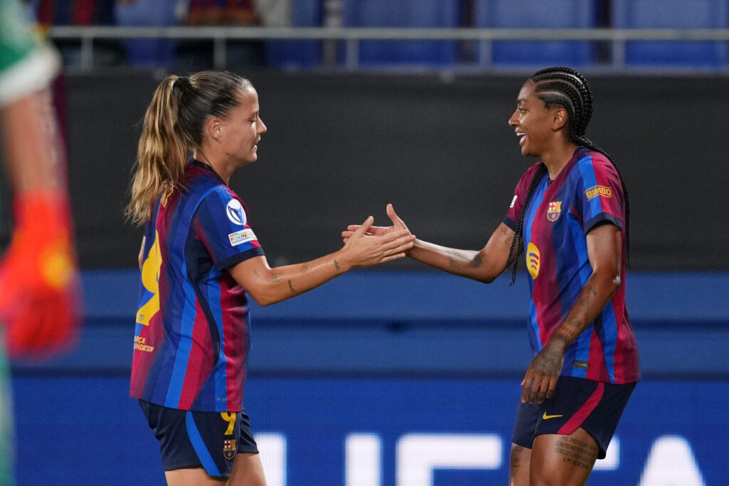 BARCELONA, SPAIN - SEPTEMBER 23: Kerolin of FC Barcelona celebrates scoring her teams first goal with teammate Claudia Pina during the UEFA Women's Champions League 2026/27 League Phase MD1 match between FC Barcelona and Paris FC at Estadi Johan Cruyff on September 23, 2026 in Barcelona, Spain. (Photo by Alex Caparros - UEFA/UEFA via Getty Images)