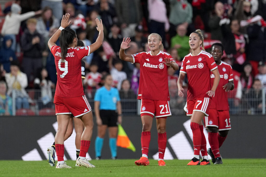 ernille Harder, Giulia Gwinn and Jovana Damnjanovic FC Bayern München v Manchester City - UEFA Women's Champions League 2026/27 League Phase MD1