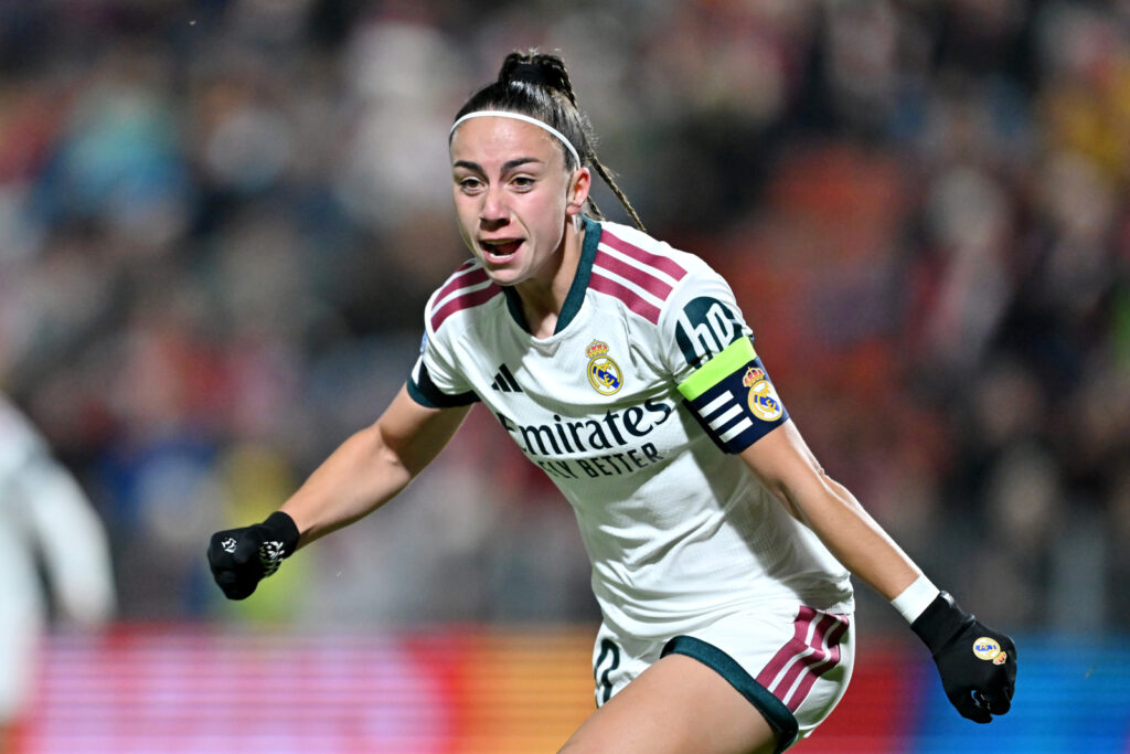 UNTERHACHING, GERMANY - OCTOBER 28: Athenea of Real Madrid CF celebrates scoring her teams first goal during the UEFA Women's Champions League 2026/27 League Phase MD3 match between FC Bayern München and Real Madrid C.F. at Stadion Am Sportpark on October 28, 2026 in Unterhaching, Germany. (Photo by Sebastian Widmann - UEFA/UEFA via Getty Images)