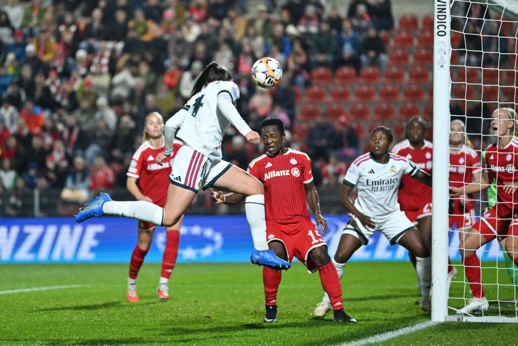 UNTERHACHING, GERMANY - OCTOBER 28: Maria Mendez of Real Madrid CF scores her teams second goal during the UEFA Women's Champions League 2026/27 League Phase MD3 match between FC Bayern München and Real Madrid C.F. at Stadion Am Sportpark on October 28, 2026 in Unterhaching, Germany. (Photo by Sebastian Widmann - UEFA/UEFA via Getty Images)