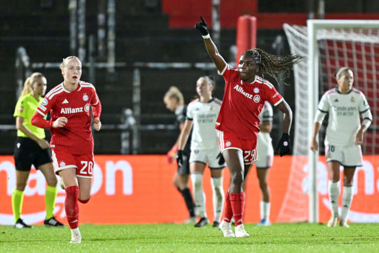 UNTERHACHING, GERMANY - OCTOBER 28: Edna Imade of FC Bayern Munchen celebrates scoring her teams first goal during the UEFA Women's Champions League 2026/27 League Phase MD3 match between FC Bayern München and Real Madrid C.F. at Stadion Am Sportpark on October 28, 2026 in Unterhaching, Germany. (Photo by Sebastian Widmann - UEFA/UEFA via Getty Images)