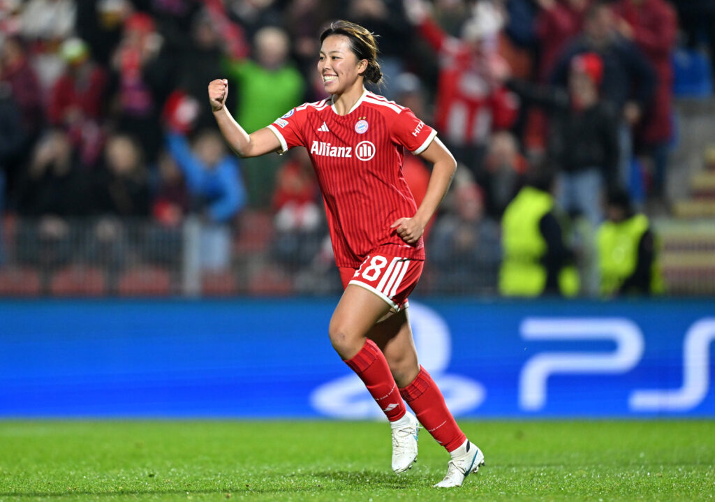 UNTERHACHING, GERMANY - OCTOBER 28: Momoko Tanikawa of FC Bayern Munchen celebrates scoring her teams second goal during the UEFA Women's Champions League 2026/27 League Phase MD3 match between FC Bayern München and Real Madrid C.F. at Stadion Am Sportpark on October 28, 2026 in Unterhaching, Germany. (Photo by Sebastian Widmann - UEFA/UEFA via Getty Images)