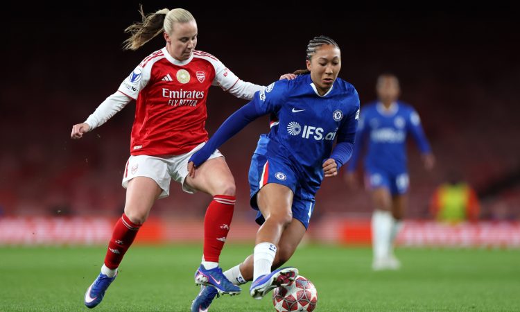 Lauren James is challenged by Beth Mead Arsenal v Chelsea - UEFA Women's Champions League 2025/26 Quarter-finals First Leg