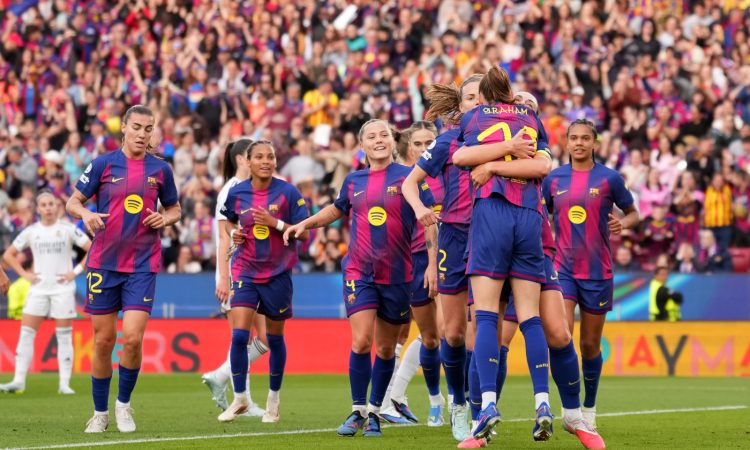 BARCELONA, SPAIN - APRIL 02: Caroline Graham Hansen of FC Barcelona celebrates scoring her team's second goal with teammate Alexia Putellas during the UEFA Women's Champions League 2025/26 Quarter-finals Second Leg match between FC Barcelona and Real Madrid CF at Nou Camp on April 02, 2026 in Barcelona, Spain. (Photo by Alex Caparros - UEFA/UEFA via Getty Images)
