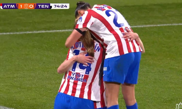 Las jugadoras del Atlético de Madrid celebran el gol de Gio Queiroz en la Copa de la Reina 2026. Foto: Captura/RFEF