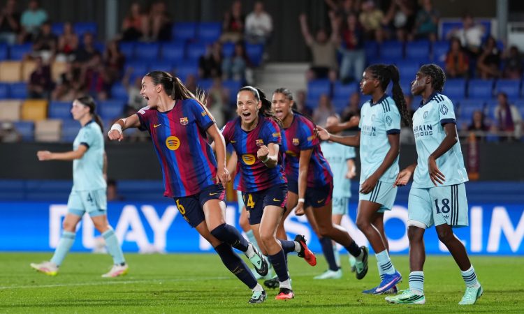 BARCELONA, SPAIN - SEPTEMBER 23: Clara Serrajordi of FC Barcelona celebrates scoring her teams second goal during the UEFA Women's Champions League 2026/27 League Phase MD1 match between FC Barcelona and Paris FC at Estadi Johan Cruyff on September 23, 2026 in Barcelona, Spain. (Photo by Alex Caparros - UEFA/UEFA via Getty Images)