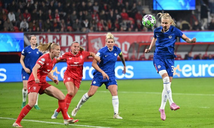 Aggie Beever-Jones of Chelsea heads the ball during the UEFA Women's Champions League