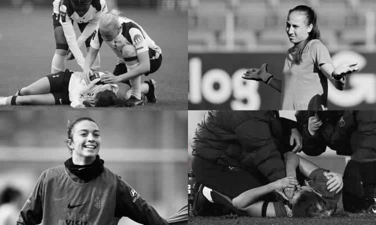 Collage de imágenes de jugadoras lesionadas de LCA: Silvia Lloris, Maite Oroz, Laia Aleixandri y Antonia Canales