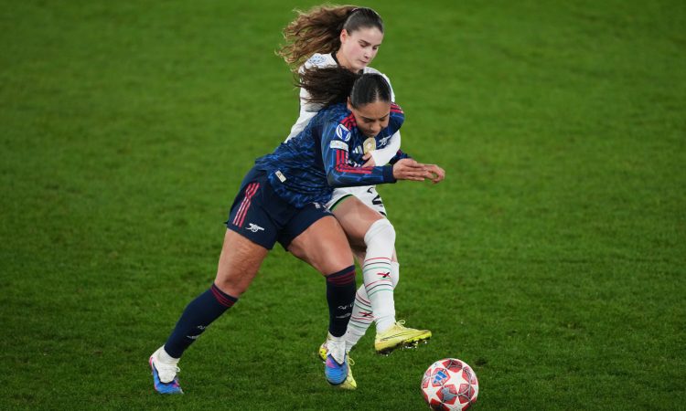 LEUVEN, BELGIUM - FEBRUARY 11: Olivia Smith of Arsenal is fouled by Nel Neyrinck of OH Leuven during the UEFA Women's Champions League 2025/26 KO play-offs First Leg match between OH Leuven and Arsenal Women FC at Den Dreef on February 11, 2026 in Leuven, Belgium. (Photo by Alex Bierens de Haan - UEFA/UEFA via Getty Images)