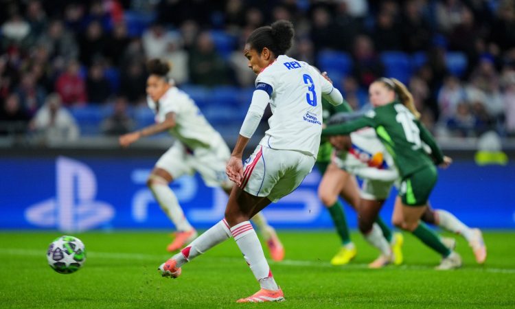 Wendie Renard of OL Lyonnes scores her team's third goal from the penalty spot during the UEFA Women's Champions League 2025/26