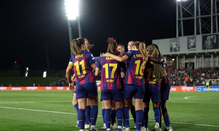 MADRID, SPAIN - MARCH 25: Ewa Pajor of FC Barcelona celebrates scoring her team's fourth goal with teammates during the UEFA Women's Champions League 2025/26 Quarter-finals First Leg match between Real Madrid CF and FC Barcelona at Estadio Alfredo Di Stefano on March 25, 2026 in Madrid, Spain. (Photo by Florencia Tan Jun - UEFA/UEFA via Getty Images)